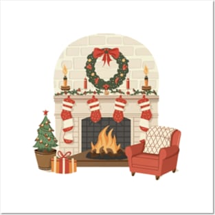 Cozy Fireside Christmas,Christmas, fireplace, cozy, warm, stockings, holiday, decorations, festive, home, comfort Posters and Art